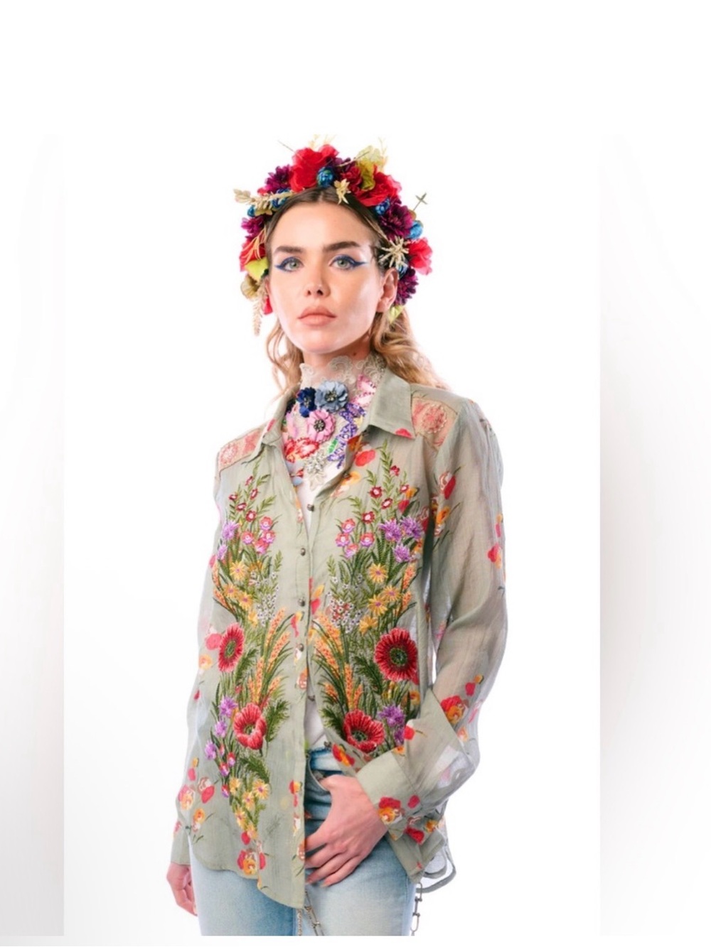 Aratta Mia Grace Floral Embroidered Olive Fall Blouse NWT #cottagecore - Picture 3 of 13